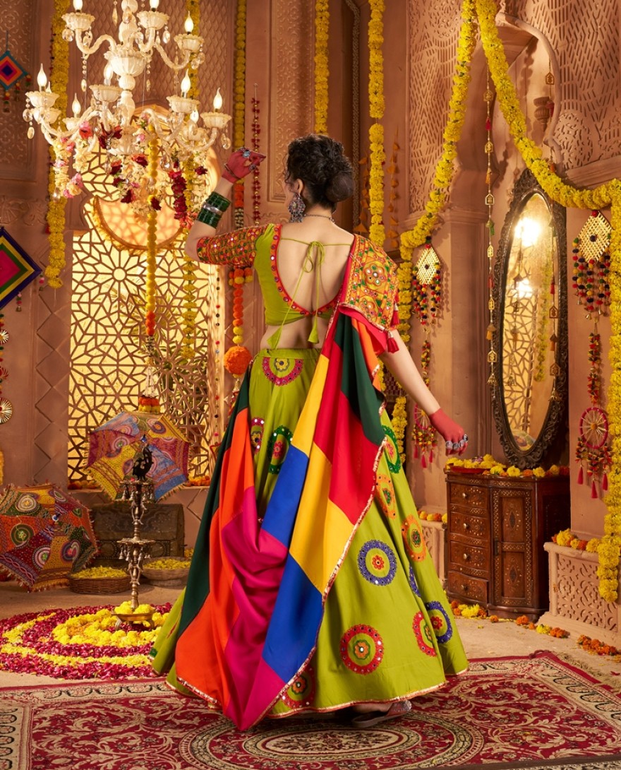 11011 - Elegant Green Viscose Cotton Embroidered Navratri Wear Lehenga Choli